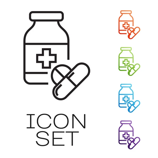 Zwarte lijn Medicijn fles en pillen pictogram geïsoleerd op witte achtergrond. Flessenpil teken. Farmaceutisch ontwerp. Stel pictogrammen kleurrijk. Vector Illustratie — Stockvector