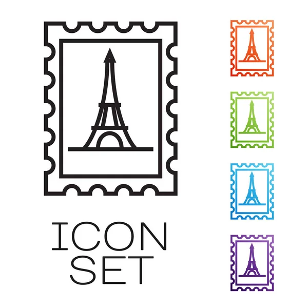 Černá čára Poštovní známka a ikona Eiffelova věž izolované na bílém pozadí. Nastavit barevné ikony. Vektorová ilustrace — Stockový vektor