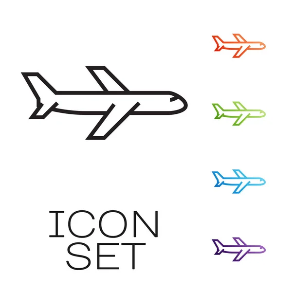 Icono plano de línea negra aislado sobre fondo blanco. Icono del avión volador. Firma del avión. Establecer iconos de colores. Ilustración vectorial — Vector de stock