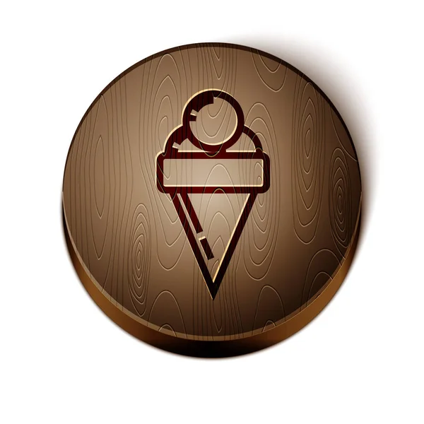 Línea marrón Helado en icono de cono de gofre aislado sobre fondo blanco. Dulce símbolo. Botón círculo de madera. Ilustración vectorial — Vector de stock