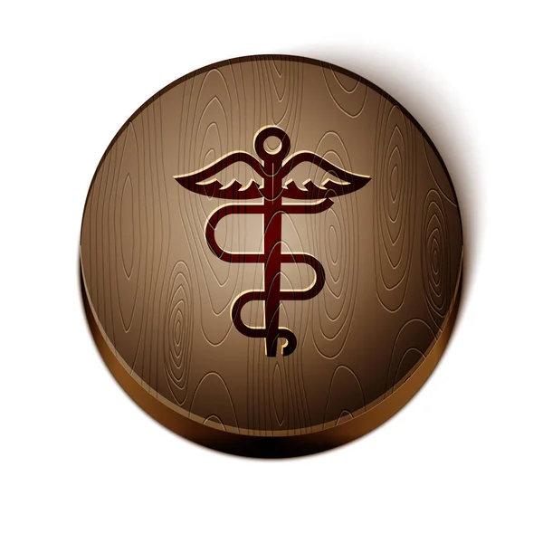 Ligne brune Caduceus serpent icône symbole médical isolé sur fond blanc. Médecine et soins de santé. Emblème pour pharmacie ou pharmacie. Bouton rond en bois. Illustration vectorielle — Image vectorielle