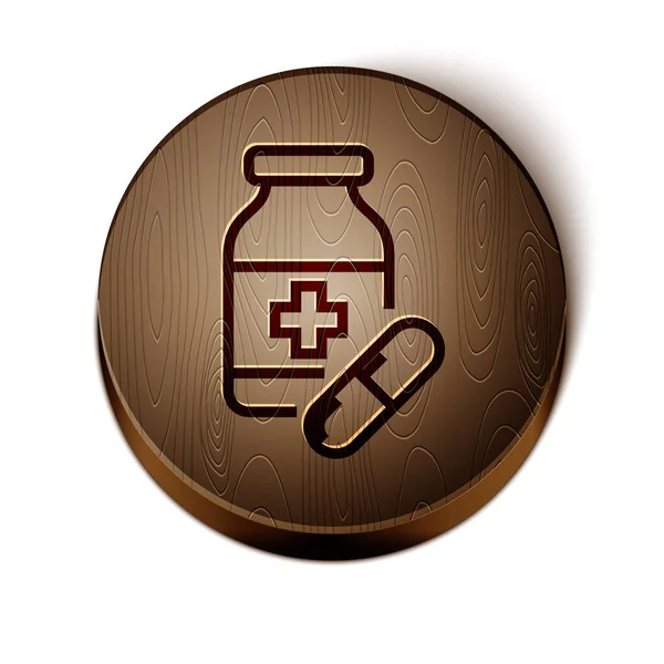 茶色のライン白い背景に単離された医学ボトルと薬のアイコン.瓶の丸薬のサイン薬局の設計木製の丸ボタン。ベクターイラスト — ストックベクタ