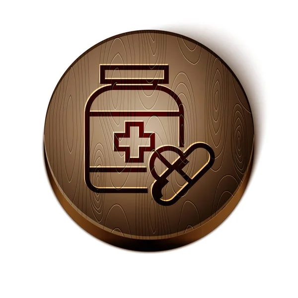 Ligne brune bouteille de médecine et des pilules icône isolée sur fond blanc. Signe de pilule. Conception de pharmacie. Bouton rond en bois. Illustration vectorielle — Image vectorielle