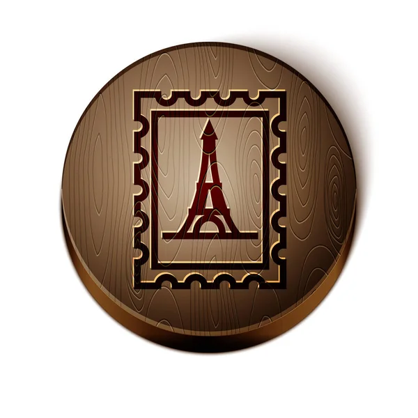 Ligne brune Timbre postal et icône de la tour Eiffel isolés sur fond blanc. Bouton rond en bois. Illustration vectorielle — Image vectorielle