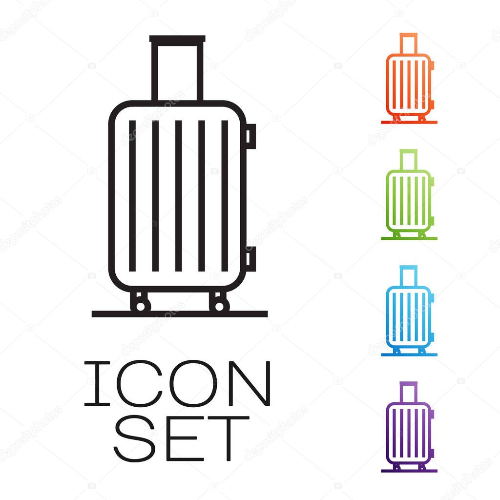 Black line Suitcase for travel icon isolated on white background. Traveling baggage sign. Travel luggage icon. Set icons colorful. Vector Illustration