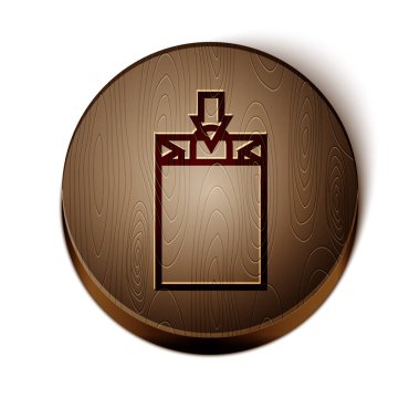 Kahverengi çizgi kağıttan alışveriş poşeti simgesi beyaz arkaplanda izole edilmiş. Paket işareti. Tahta daire düğmesi. Vektör İllüstrasyonu