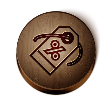 Kahverengi çizgi% indirimli etiket simgesi beyaz arkaplanda izole edildi. Etiket alışverişi. Özel teklif işareti. İndirim kuponları sembolü. Tahta daire düğmesi. Vektör İllüstrasyonu