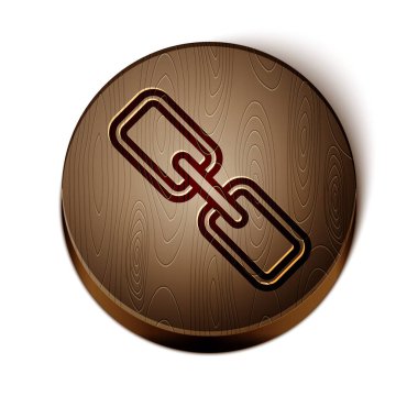 Kahverengi çizgi zincir bağlantısı simgesi beyaz arkaplanda izole edildi. Bağlantı bekar. Hiper bağlantı zinciri sembolü. Tahta daire düğmesi. Vektör İllüstrasyonu