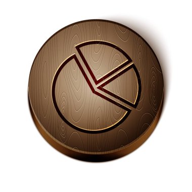 Kahverengi çizgi pasta grafiği bilgi simgesi beyaz arkaplanda izole edildi. Diyagram çizelgesi. Tahta daire düğmesi. Vektör İllüstrasyonu