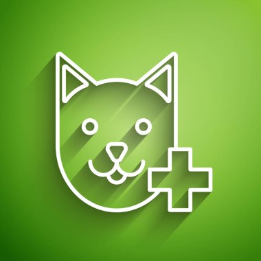 Beyaz çizgi Veterinerlik Kliniği sembolü yeşil arka planda izole edilmiş. Kedi veterinerliği ile karşılaştır. Evcil hayvan ilk yardım işareti. Vektör İllüstrasyonu