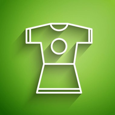 Beyaz çizgili kadın giysi simgesi yeşil arka planda izole edildi. Kıyafet tabelası. Vektör İllüstrasyonu