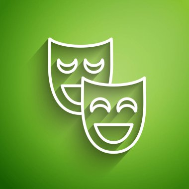 Beyaz çizgi komedi teatral maske ikonu yeşil arka planda izole edildi. Vektör İllüstrasyonu