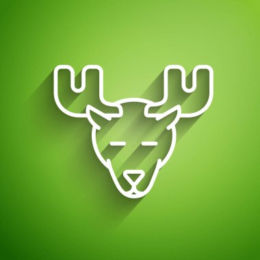 Yeşil arka planda boynuz simgesi olan beyaz çizgi geyiği kafası. Vektör İllüstrasyonu