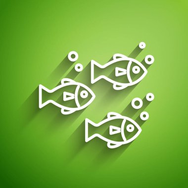 Beyaz çizgi Balık simgesi yeşil arkaplanda izole edildi. Vektör İllüstrasyonu