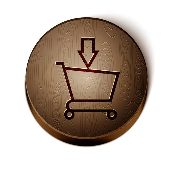 Brown line Add to Shopping cart icon isolated on white background. Online buying concept. Delivery service sign. Supermarket basket symbol. Wooden circle button. Vector Illustration — Stock Vector