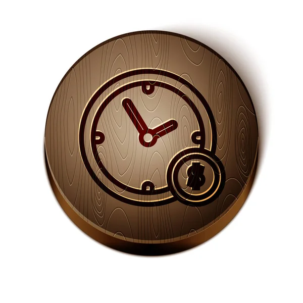 Brown line Time is money icon isolated on white background. Money is time. Effective time management. Convert time to money. Wooden circle button. Vector Illustration — Stock Vector