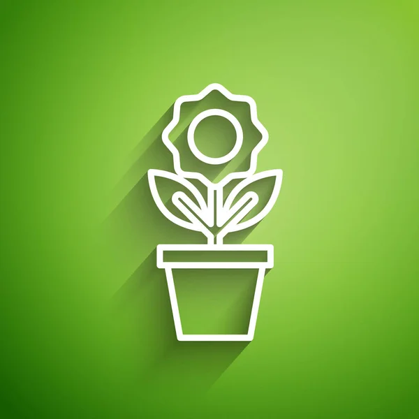 Bílá čára Květ v hrnci ikona izolované na zeleném pozadí. Rostlina roste v květináči. Znak květináče. Vektorová ilustrace — Stockový vektor