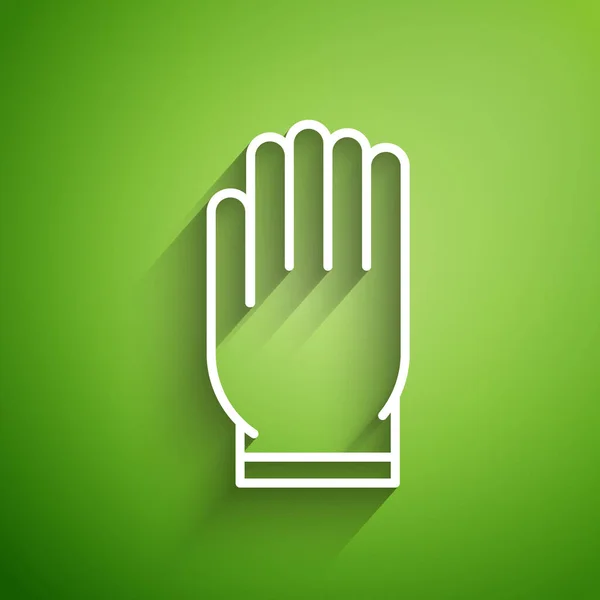 Linea bianca Guanti da giardino icona isolata su sfondo verde. Guanti di gomma segno. Protezione delle mani agricole, sicurezza dei guanti. Illustrazione vettoriale — Vettoriale Stock