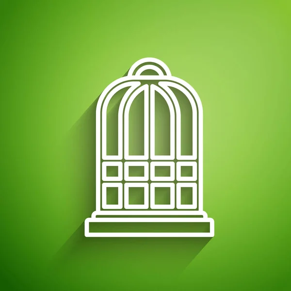 Jaula de línea blanca para pájaros icono aislado sobre fondo verde. Ilustración vectorial — Vector de stock
