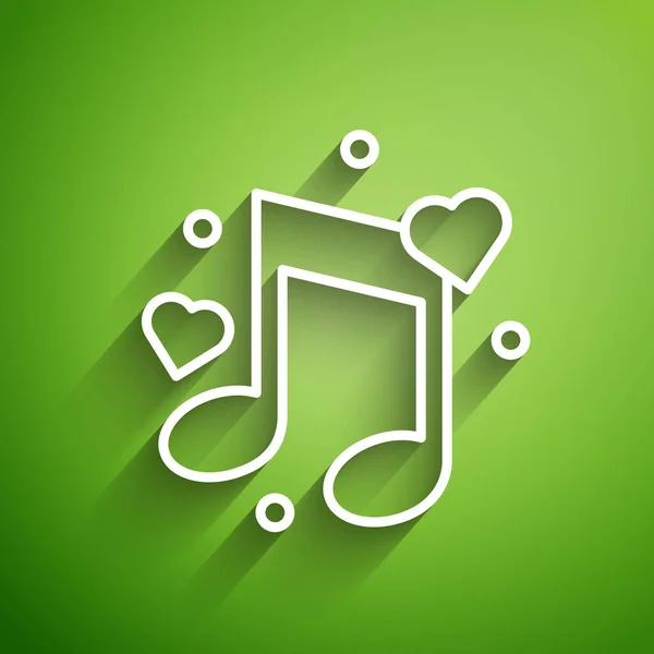 Белая линия Музыкальная нота, тон с иконкой сердец выделен на зеленом фоне. Векторная миграция — стоковый вектор