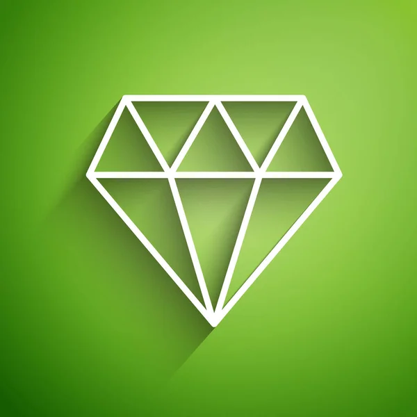 Línea blanca Icono de diamante aislado sobre fondo verde. Símbolo joyería. Piedra de gema. Ilustración vectorial — Vector de stock