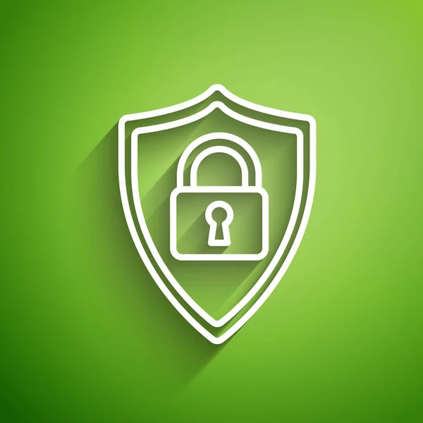 Stock vector White line Shield security with lock icon isolated on green background. Protection, safety, password security. Firewall access privacy sign. Vector Illustration