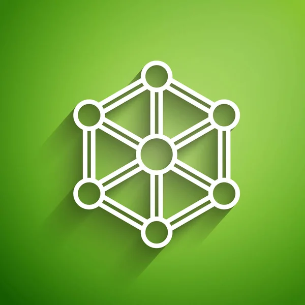 Witte lijn Blockchain technologie pictogram geïsoleerd op groene achtergrond. Cryptogeld gegevens. Abstract geometrische blok keten netwerk technologie business. Vector Illustratie — Stockvector