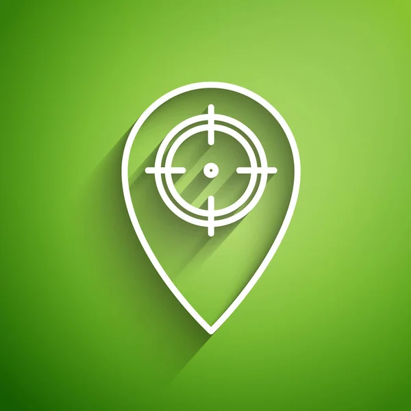 Bílá čára Hunt místo ikona izolované na zeleném pozadí. Navigace, ukazatel, umístění, mapa, GPS, směr, místo, kompas, kontakt, hledání. Vektorová ilustrace — Stockový vektor