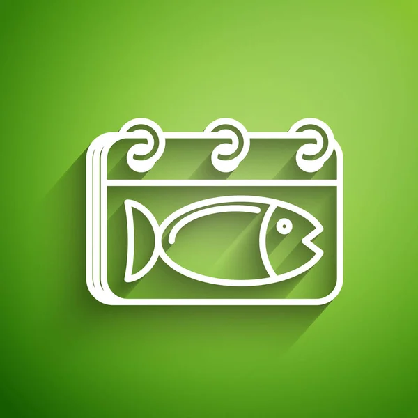 Vit linje Kalender med en fisk ikon isolerad på grön bakgrund. Fiskens dag. Vektor Illustration — Stock vektor