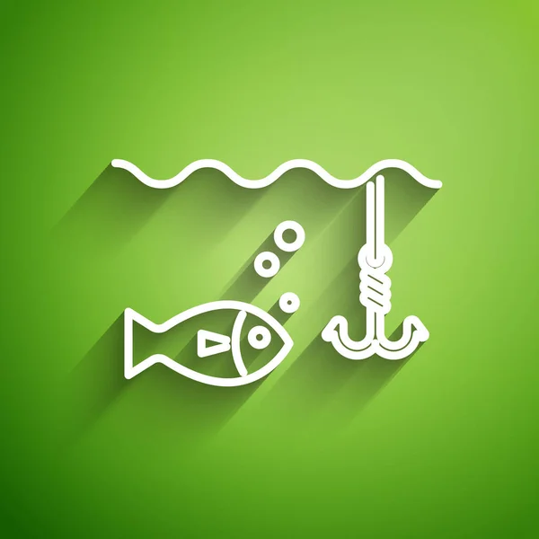 Línea blanca Gancho de pesca bajo el agua con icono de pescado aislado sobre fondo verde. Aparejos de pesca. Ilustración vectorial — Vector de stock