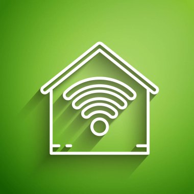 Beyaz çizgi. Kablosuz ağ ikonu yeşil arka planda izole edilmiş Smart evi. Uzaktan kumanda. Vektör İllüstrasyonu