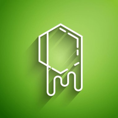 Beyaz çizgi bal peteği simgesi yeşil arkaplanda izole edildi. Bal hücrelerinin sembolü. Tatlı doğal yemek. Vektör İllüstrasyonu