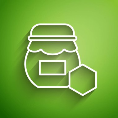 Beyaz çizgi kavanoz bal ikonu yeşil arka planda izole. Yiyecek bankası. Tatlı doğal gıda sembolü. Vektör İllüstrasyonu