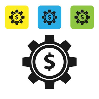 Beyaz arka planda dolar sembolü olan siyah dişli. İş ve finans kavramsal ikonu. Renkli kare düğmeleri ayarlayın. Vektör İllüstrasyonu