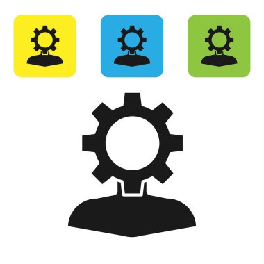 Siyah insan, beyaz arka planda izole edilmiş ikonun içindeki ekipmana sahip. Yapay zeka. Beyin işaretini düşünüyorum. Beynin sembol çalışması. Renkli kare düğmeleri ayarlayın. Vektör İllüstrasyonu