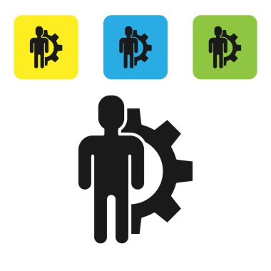 Siyah insan, beyaz arka planda izole edilmiş ikonun içindeki ekipmana sahip. Yapay zeka. Beyin işaretini düşünüyorum. Beynin sembol çalışması. Renkli kare düğmeleri ayarlayın. Vektör İllüstrasyonu