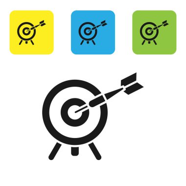Beyaz zemin üzerinde ok simgesi olan siyah hedef. Dart tahtası işareti. Okçuluk tahtası simgesi. Dartboard işareti. İş hedefi kavramı. Renkli kare düğmeleri ayarlayın. Vektör İllüstrasyonu