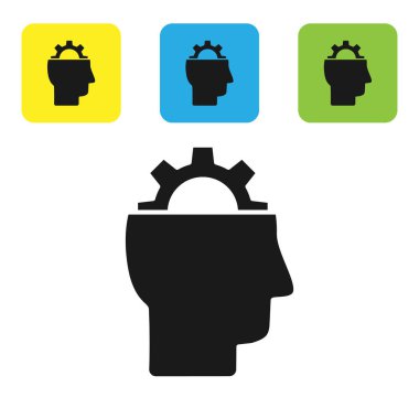 Siyah insan, beyaz arka planda izole edilmiş ikonun içindeki ekipmana sahip. Yapay zeka. Beyin işaretini düşünüyorum. Beynin sembol çalışması. Renkli kare düğmeleri ayarlayın. Vektör İllüstrasyonu