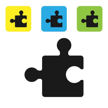 Siyah yapboz simgesi beyaz arkaplanda izole edildi. Modern daire, iş, pazarlama, finans, internet konsepti. Renkli kare düğmeleri ayarlayın. Vektör İllüstrasyonu