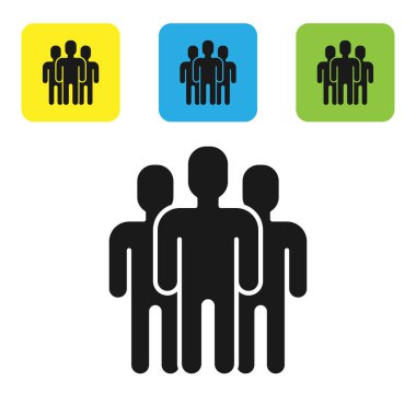 Siyah Kullanıcılar grubu simgesi beyaz arkaplanda izole edildi. Bir grup insan ikonu. İş simgesi kullanıcı profili simgesi simgesi. Renkli kare düğmeleri ayarlayın. Vektör İllüstrasyonu