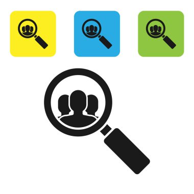 Beyaz arka planda izole edilmiş bir insan simgesini aramak için siyah büyüteç. İşe alım ya da seçim konsepti. Çalışanları ve işi ara. Renkli kare düğmeleri ayarlayın. Vektör İllüstrasyonu