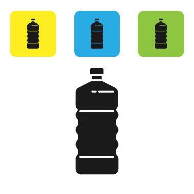 Siyah plastik şişe simgesi beyaz arkaplanda izole edilmiş. Renkli kare düğmeleri ayarlayın. Vektör İllüstrasyonu