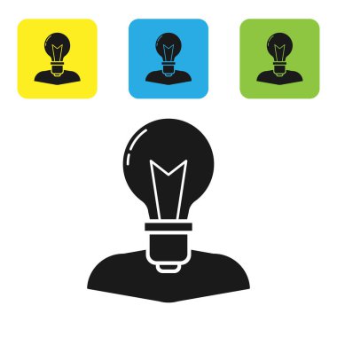 Beyaz arka planda izole lamba ikonu olan siyah insan kafası. Renkli kare düğmeleri ayarlayın. Vektör İllüstrasyonu