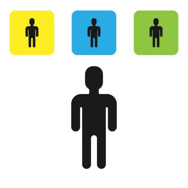 Siyah takım elbiseli adam simgesi beyaz arka planda izole edildi. İş simgesi kullanıcı profili simgesi simgesi. Erkek kullanıcı işareti. Renkli kare düğmeleri ayarlayın. Vektör İllüstrasyonu