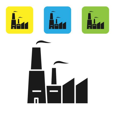 Siyah Fabrika simgesi beyaz arkaplanda izole edildi. Endüstriyel bina. Renkli kare düğmeleri ayarlayın. Vektör İllüstrasyonu