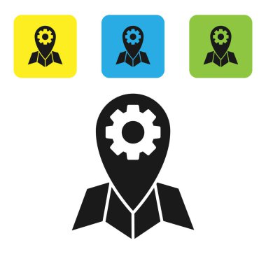 Siyah Konum görev simgesi beyaz arkaplanda izole edildi. Renkli kare düğmeleri ayarlayın. Vektör İllüstrasyonu