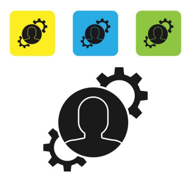 Siyah insan, beyaz arka planda izole edilmiş ikonun içindeki ekipmana sahip. Yapay zeka. Beyin işaretini düşünüyorum. Beynin sembol çalışması. Renkli kare düğmeleri ayarlayın. Vektör İllüstrasyonu