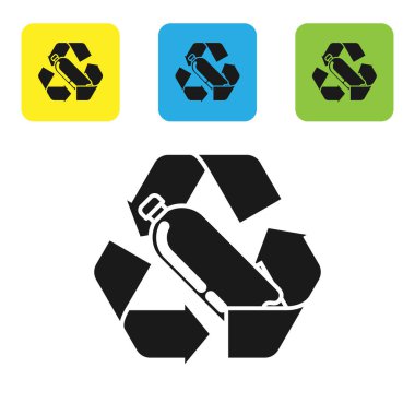 Siyah geri dönüşüm plastik şişe simgesi beyaz arkaplanda izole edilmiş. Renkli kare düğmeleri ayarlayın. Vektör İllüstrasyonu