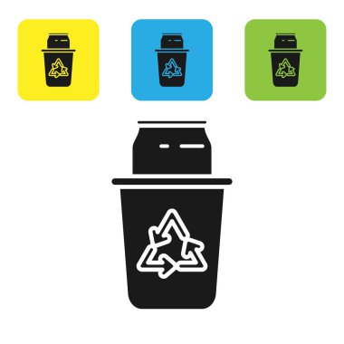 Geri dönüşüm sembollü siyah geri dönüşüm kutusu ve beyaz arkaplanda izole edilmiş ikon. Çöp kutusu simgesi. Çöp kutusu tabelası. Geri dönüşüm sepeti işareti. Renkli kare düğmeleri ayarlayın. Vektör İllüstrasyonu