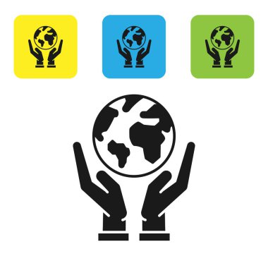 Siyah insan elleri, beyaz zemin üzerinde Dünya 'nın ikonunu tutuyor. Dünya kavramını sakla. Renkli kare düğmeleri ayarlayın. Vektör İllüstrasyonu